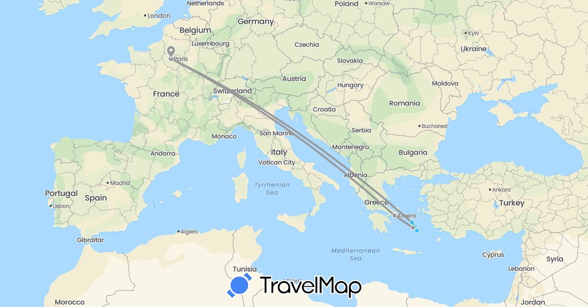 TravelMap itinerary: driving, plane, boat in France, Greece (Europe)